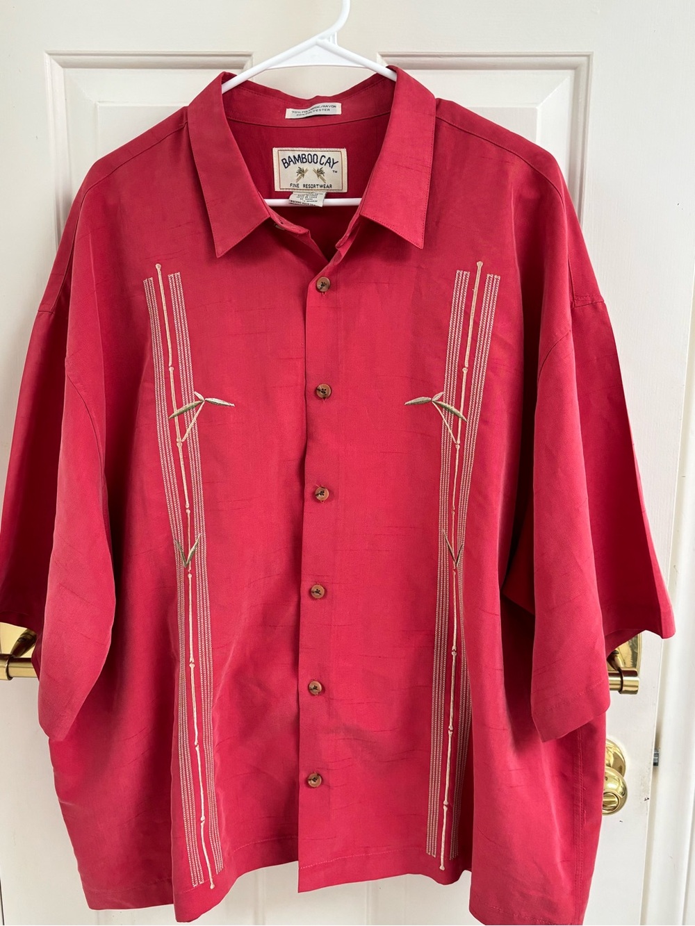 BAMBOO Red Short-Sleeve Button-Front Cuban Shirt with Embroidered Panels